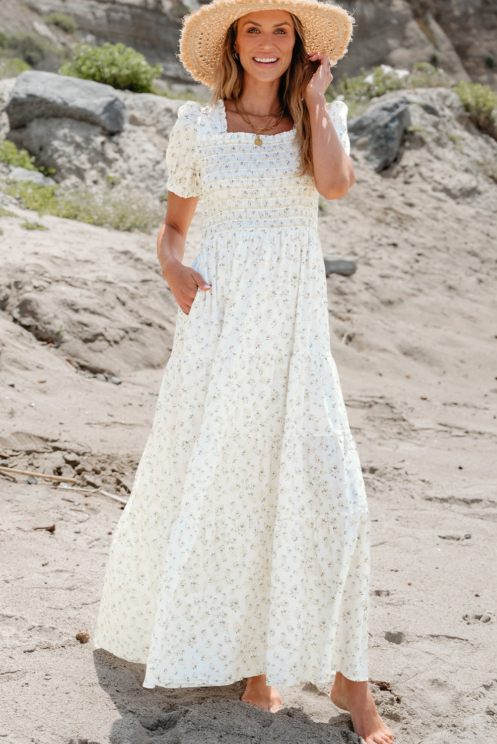 White Frilly Shirred Bodice Tiered Floral Maxi Dress Pyper and Plum White Frilly Shirred Bodice Tiered Floral Maxi Dress Pyper and Plum