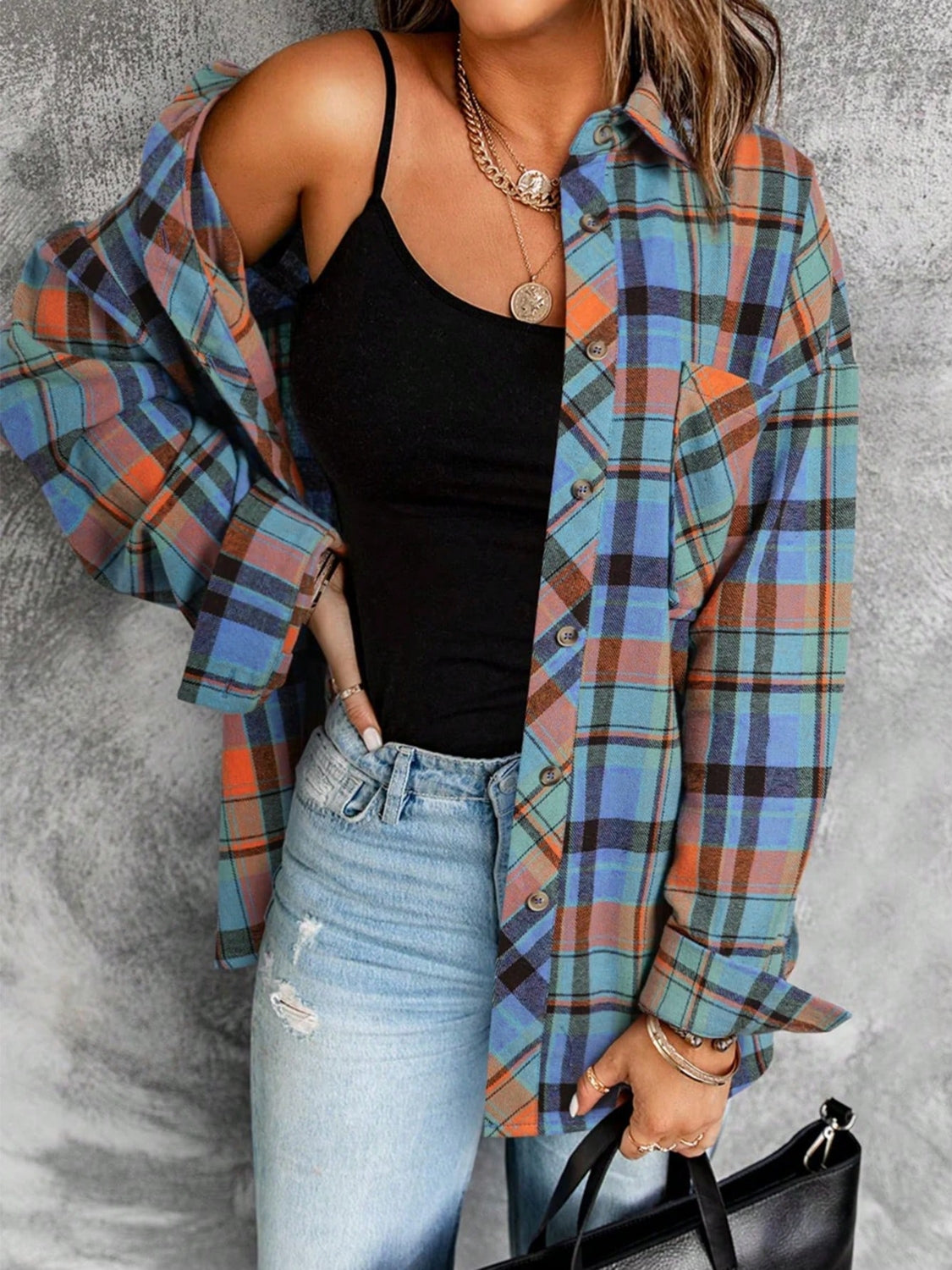 Plaid Collared Neck Long Sleeve Shirt