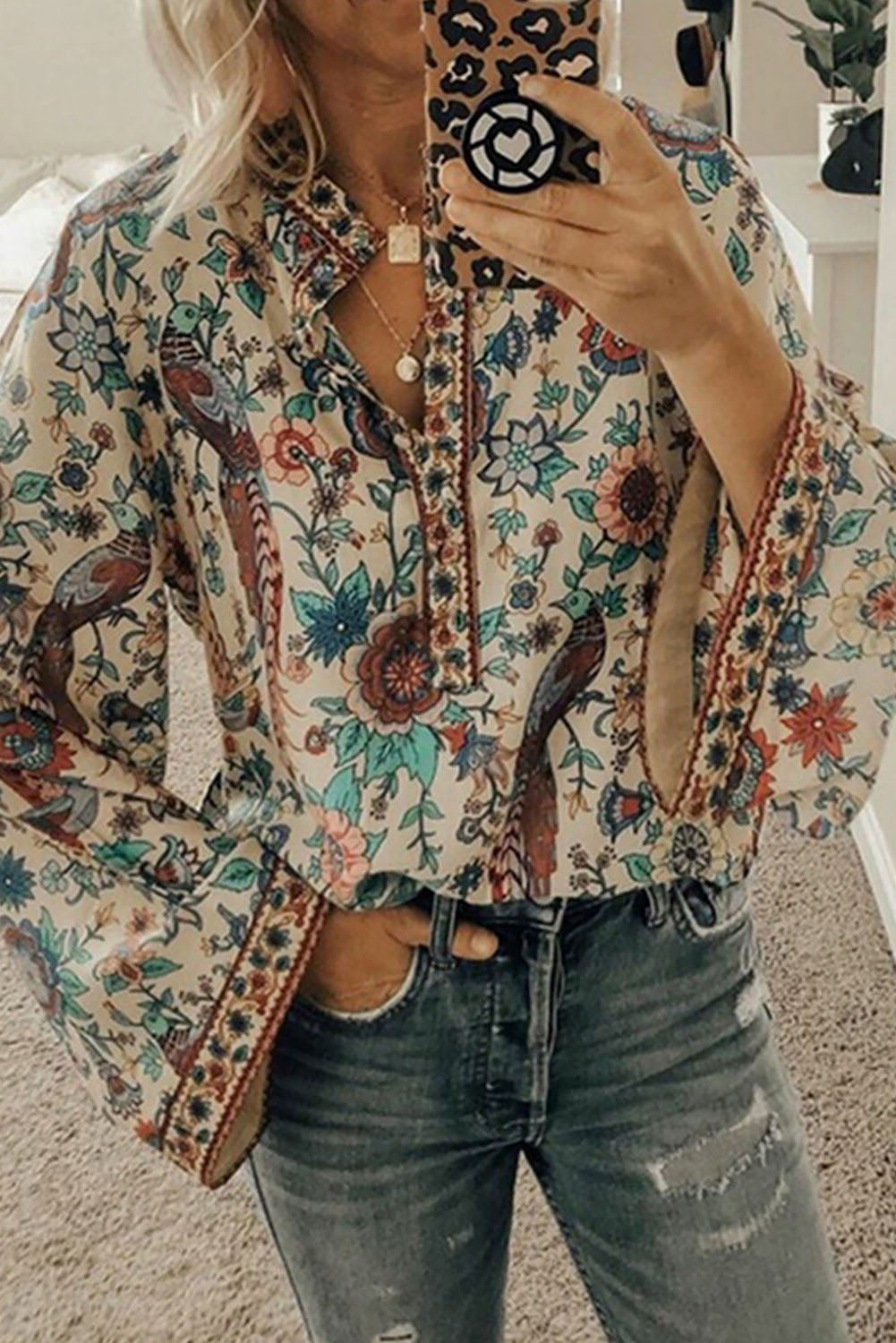 Peacock Floral Print Blouse